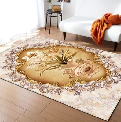 Ethnic Ancient European Flower Pattern Living Room Floor Mat Polyester Fiber Rectangle
